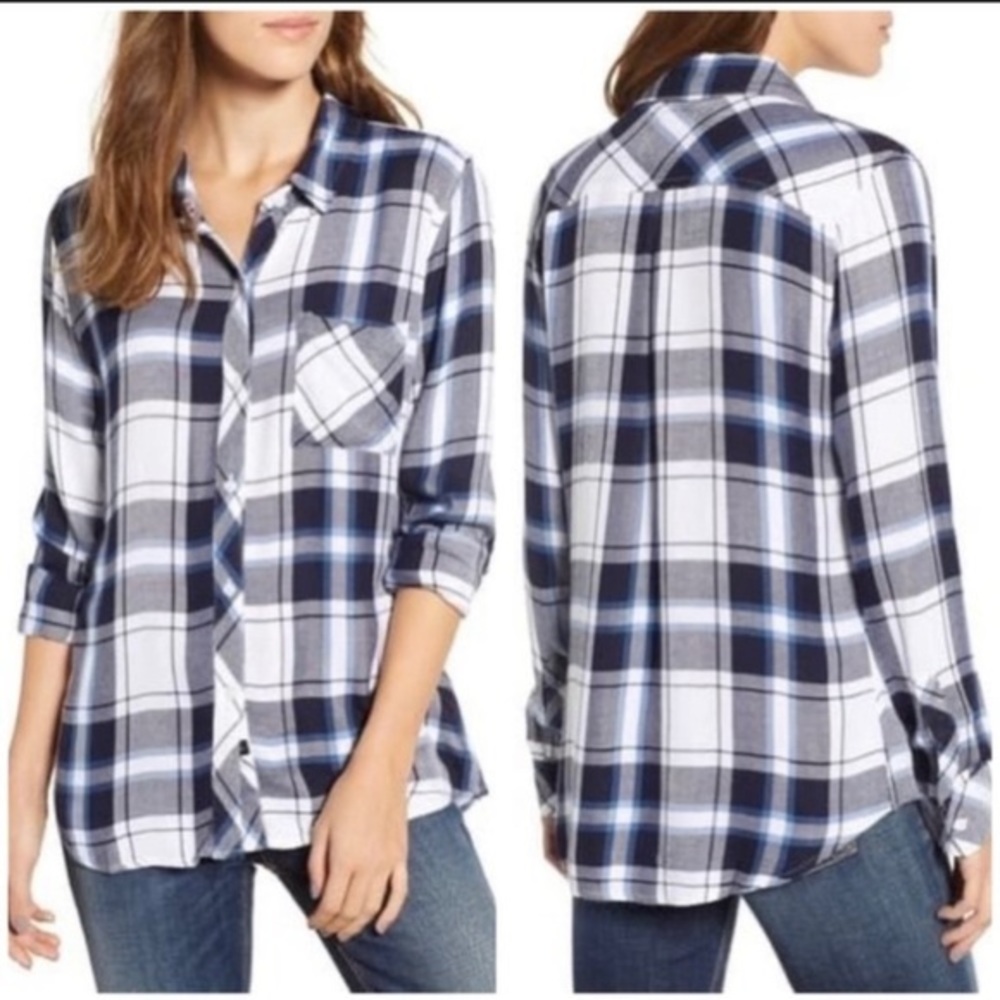 RAILS Plaid Button Front Shirt Ultra Soft Rayon XS Hunter White Navy Sapphire
